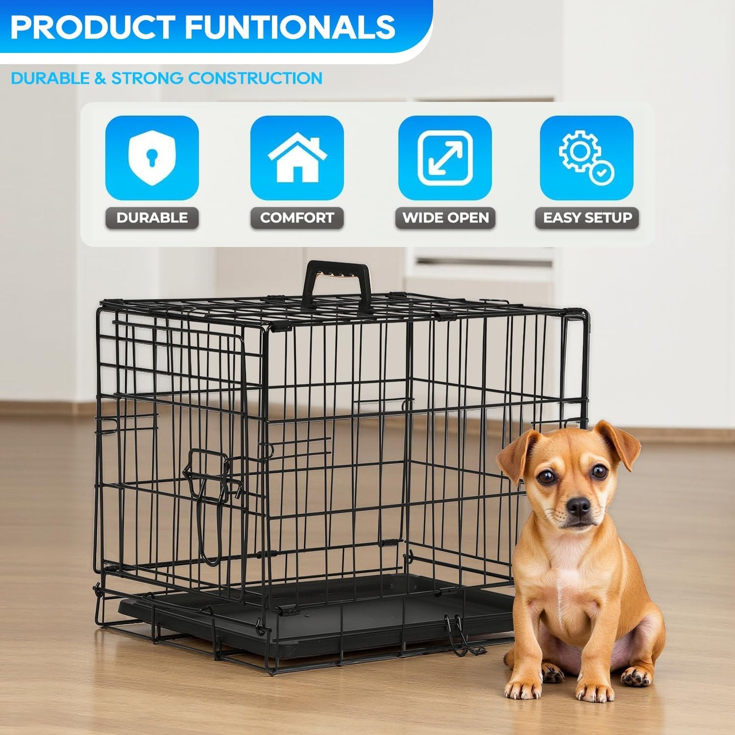 Dog Crate for Small Dogs 18 Inch Folding Metal Wire Pet Cage Single Door W/Divider Panel Indoor Outdoor Kennel Leak-Proof Plastic Tray,Black