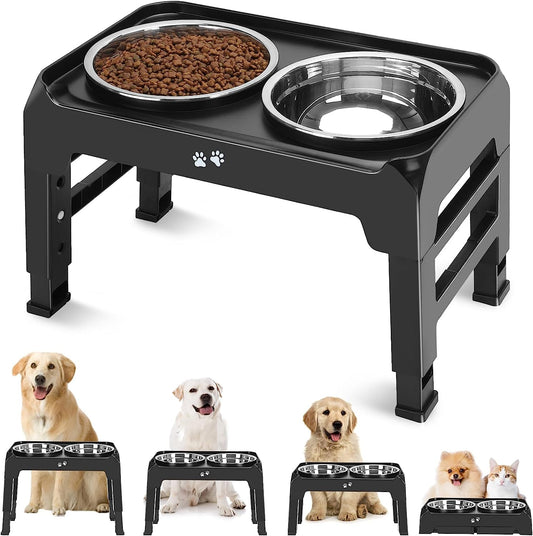 Elevated Dog Bowls, 4 Height Adjustable Raised Bowl Stand with 2 Thick 50Oz Stainless Steel Food Bowls Non-Slip Feeder Adjusts to 3.7'', 9.2'', 10.75'', 12.36'' Black, (DB-W01)