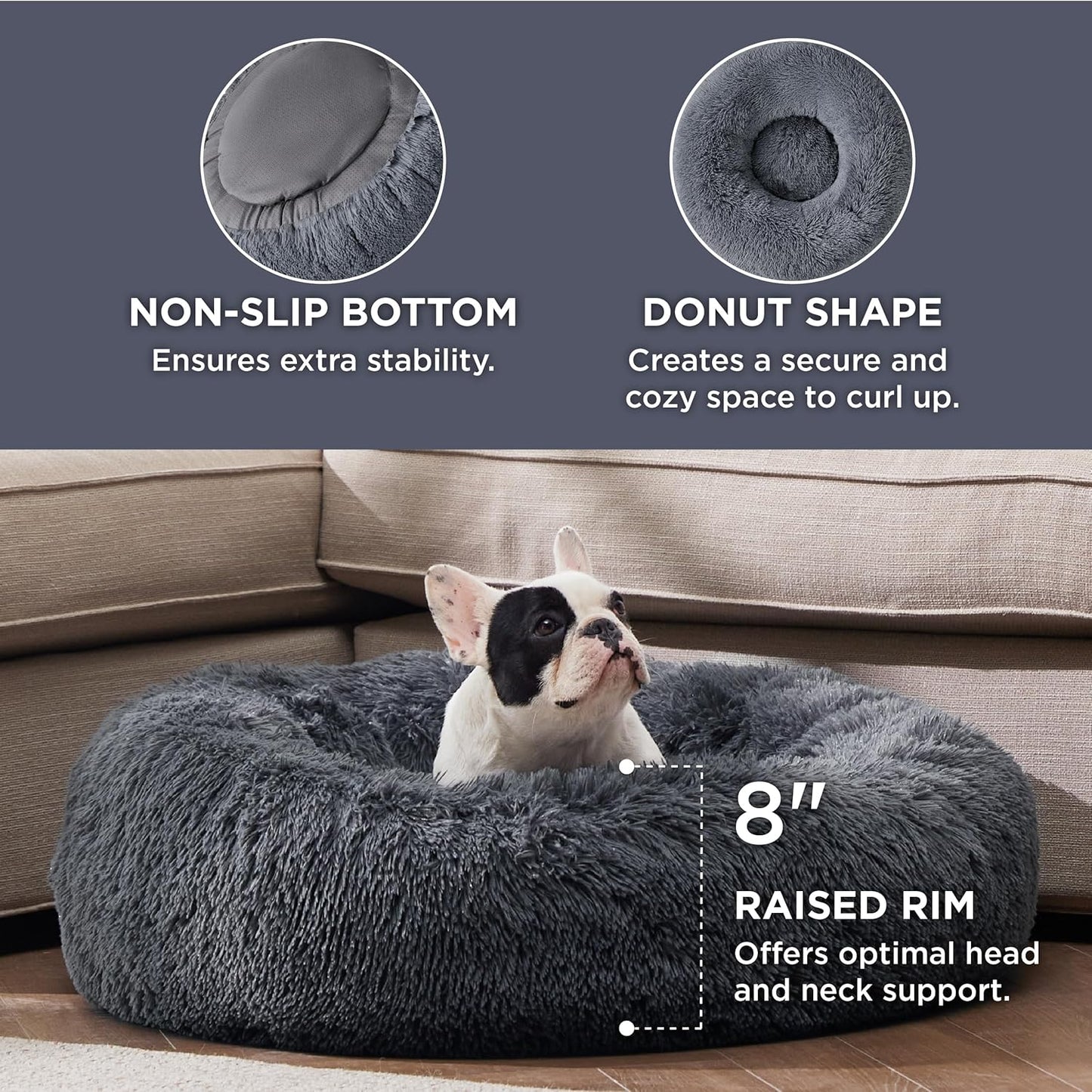 Calming Dog Bed for Medium Dogs - Donut Washable Medium Pet Bed, 30 Inches Anti-Slip round Fluffy Plush Faux Fur Cat Bed, Fits up to 45 Lbs Pets, Dark Grey