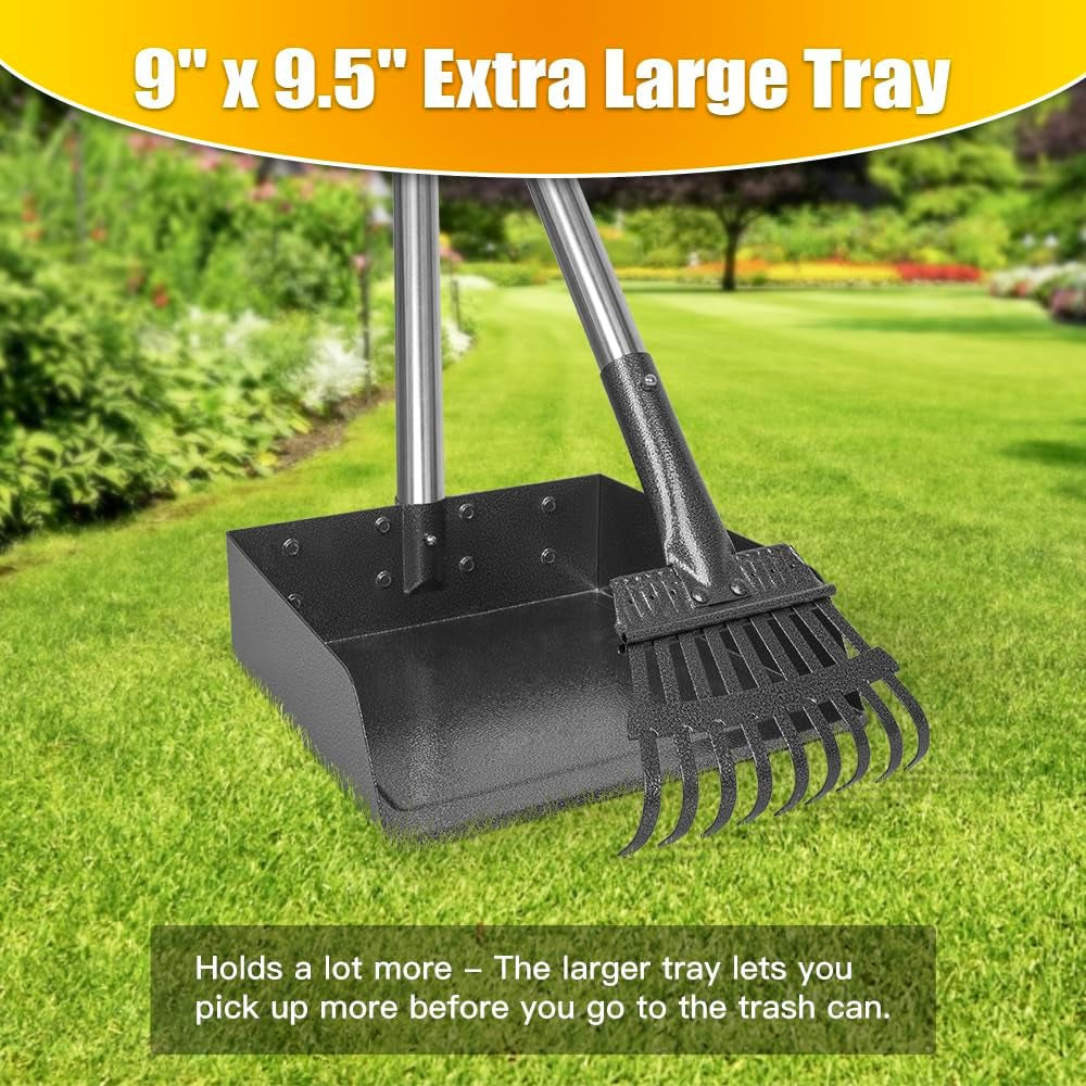 Larger Pooper Scooper for Large Dogs, Dog Pooper Scooper for Large Medium Small Dogs Long Handle Stainless Metal Tray and Rake Set Heavy Duty
