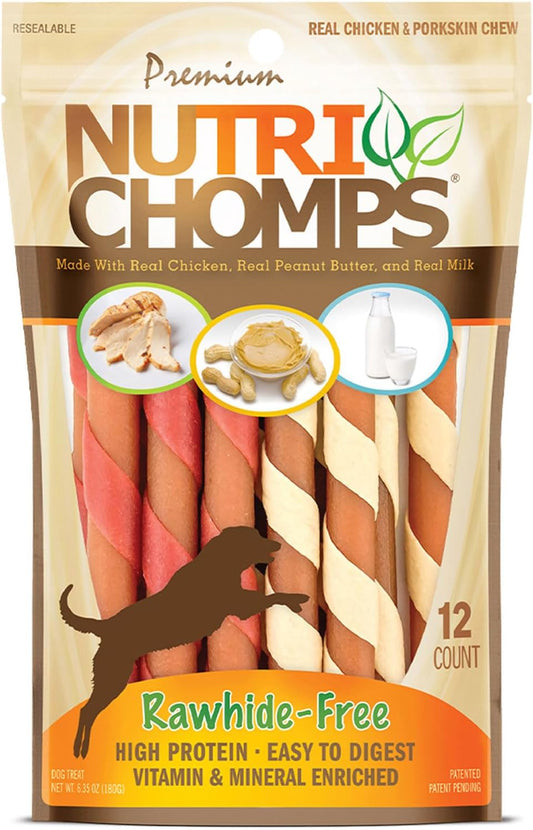 Nutrichomps Dog Chews, 5-Inch Twists, Easy to Digest, Rawhide-Free Dog Treats, 12 Count, Real Chicken, Peanut Butter and Milk Flavors