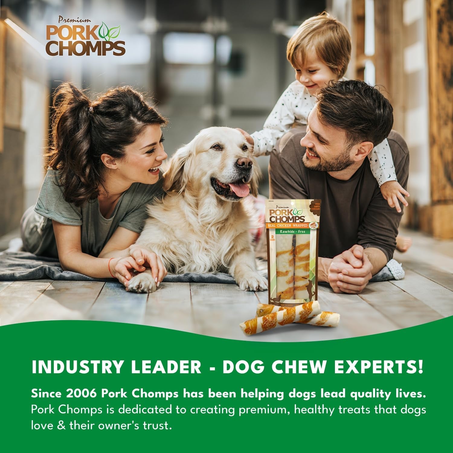 Baked Pork Skin Dog Chews, 8-Inch Rolls, Real Chicken Wrap, 2 Count