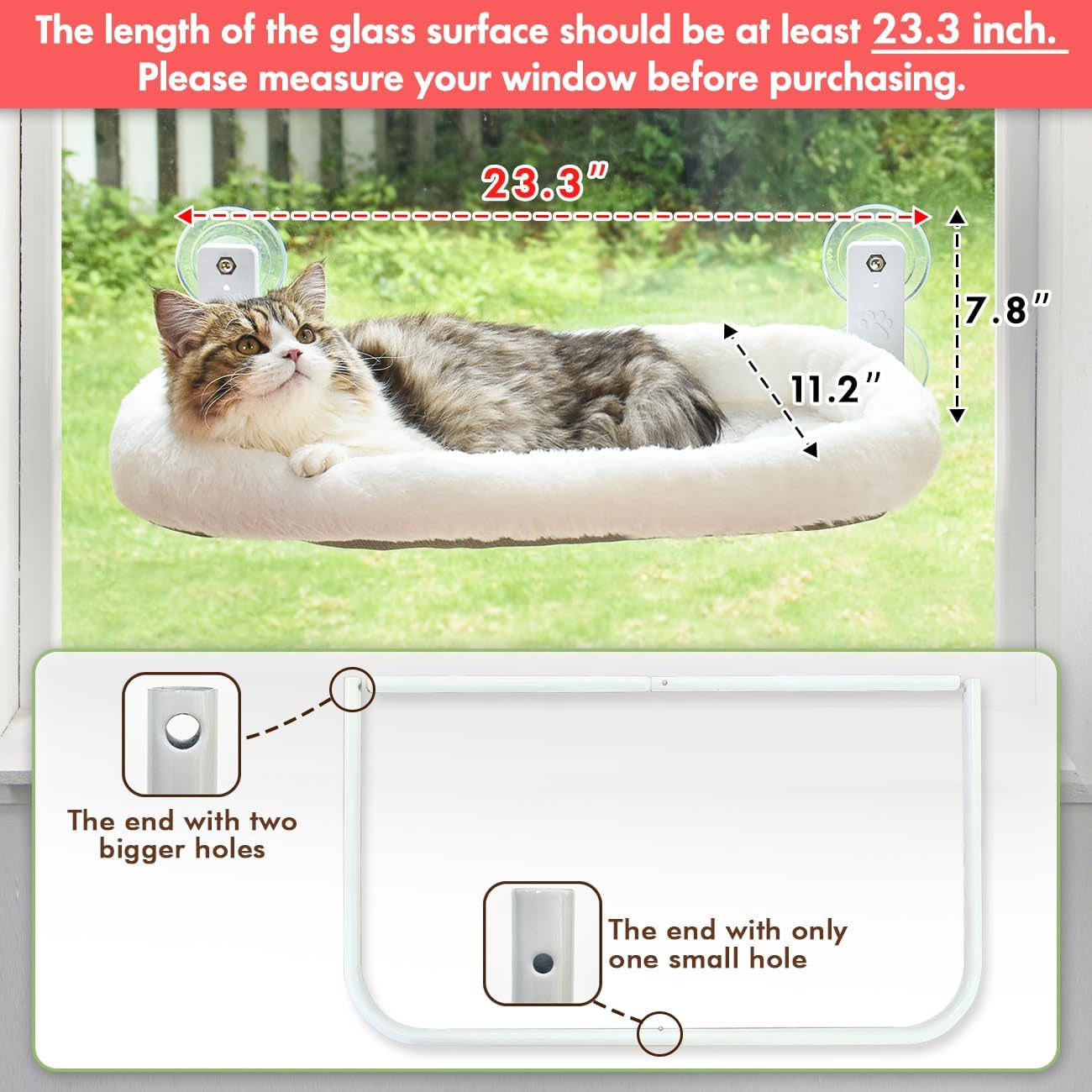 Cordless Cat Window Perch, Window Hammock for Cats with 4 Strong Suction Cups, Solid Metal Frame and Soft Cover, Indoor Cat Bed
