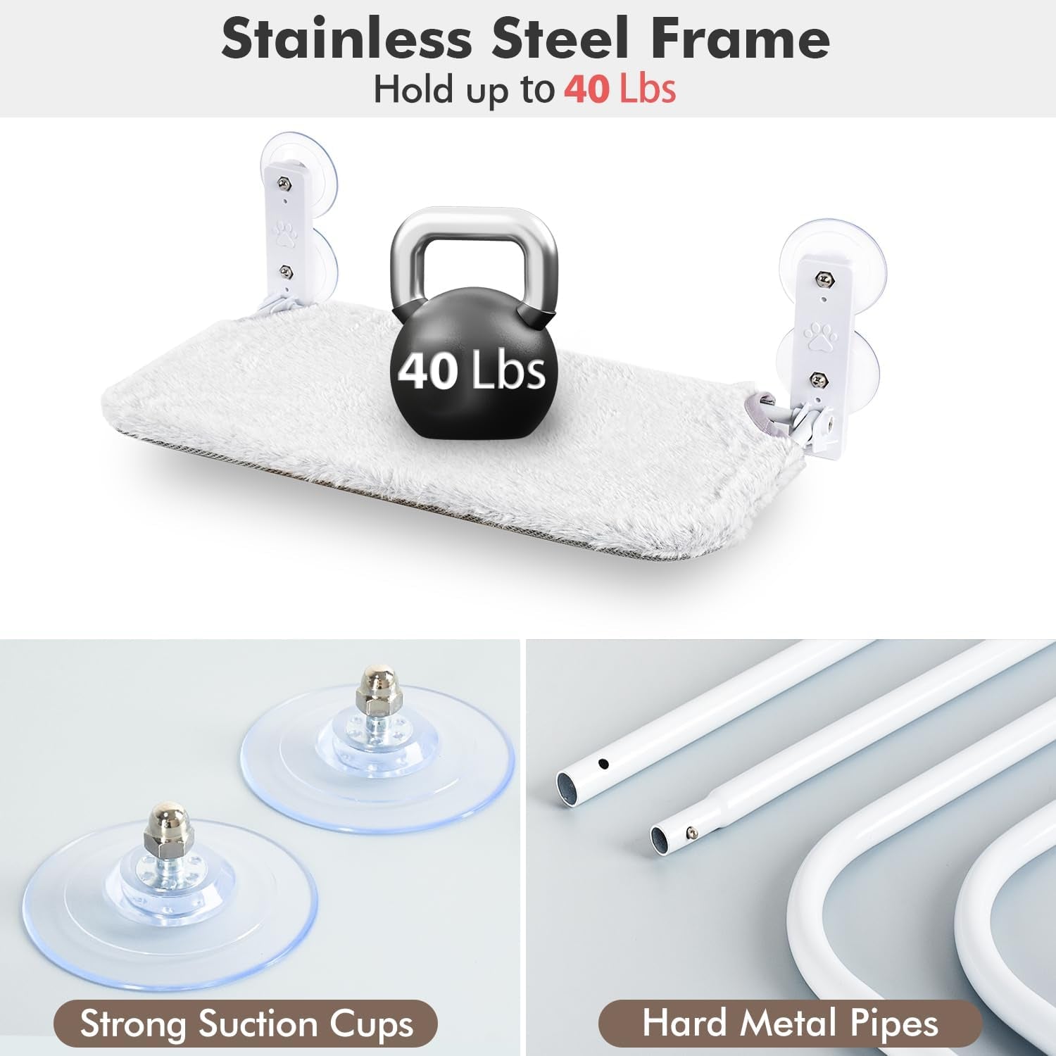 Cordless Cat Window Perch, Cat Hammock for Wall with 4 Suction Cups, Solid Metal Frame and Reversible Cover, Foldable Cat Beds for Indoor Cats