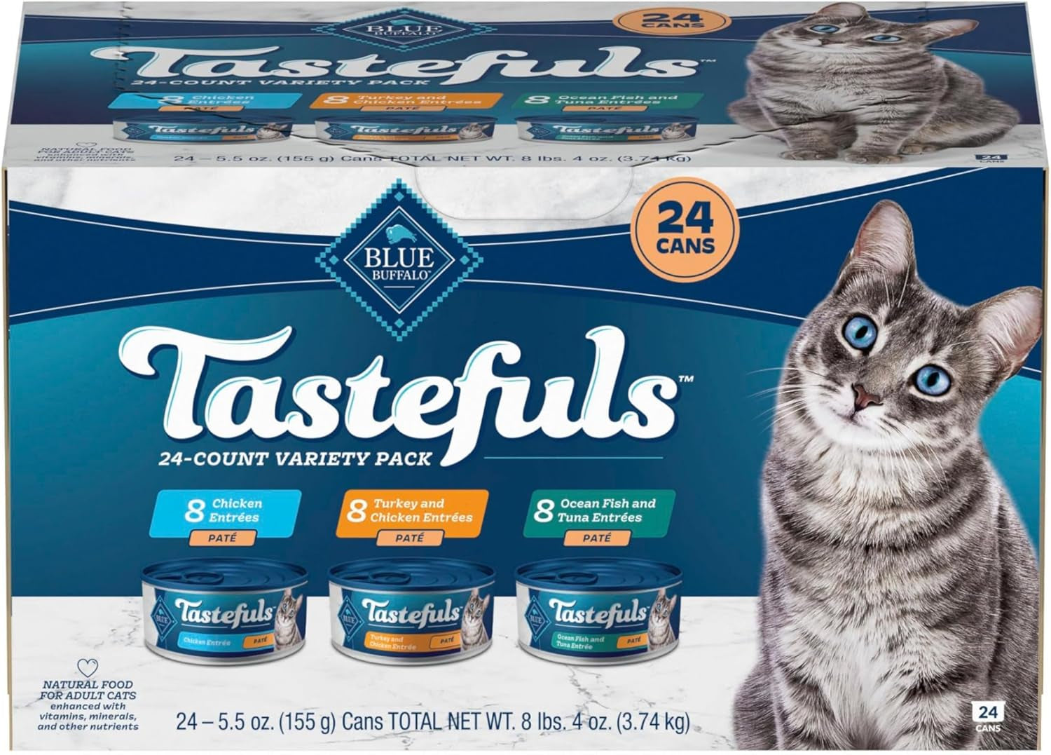 Tastefuls Wet Cat Food Paté Variety Pack, Made with Natural Ingredients, Chicken, Turkey & Chicken, Ocean Fish & Tuna Entrées, 5.5-Oz Cans (24 Count, 8 of Each)