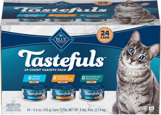 Tastefuls Wet Cat Food Paté Variety Pack, Made with Natural Ingredients, Chicken, Turkey & Chicken, Ocean Fish & Tuna Entrées, 5.5-Oz Cans (24 Count, 8 of Each)