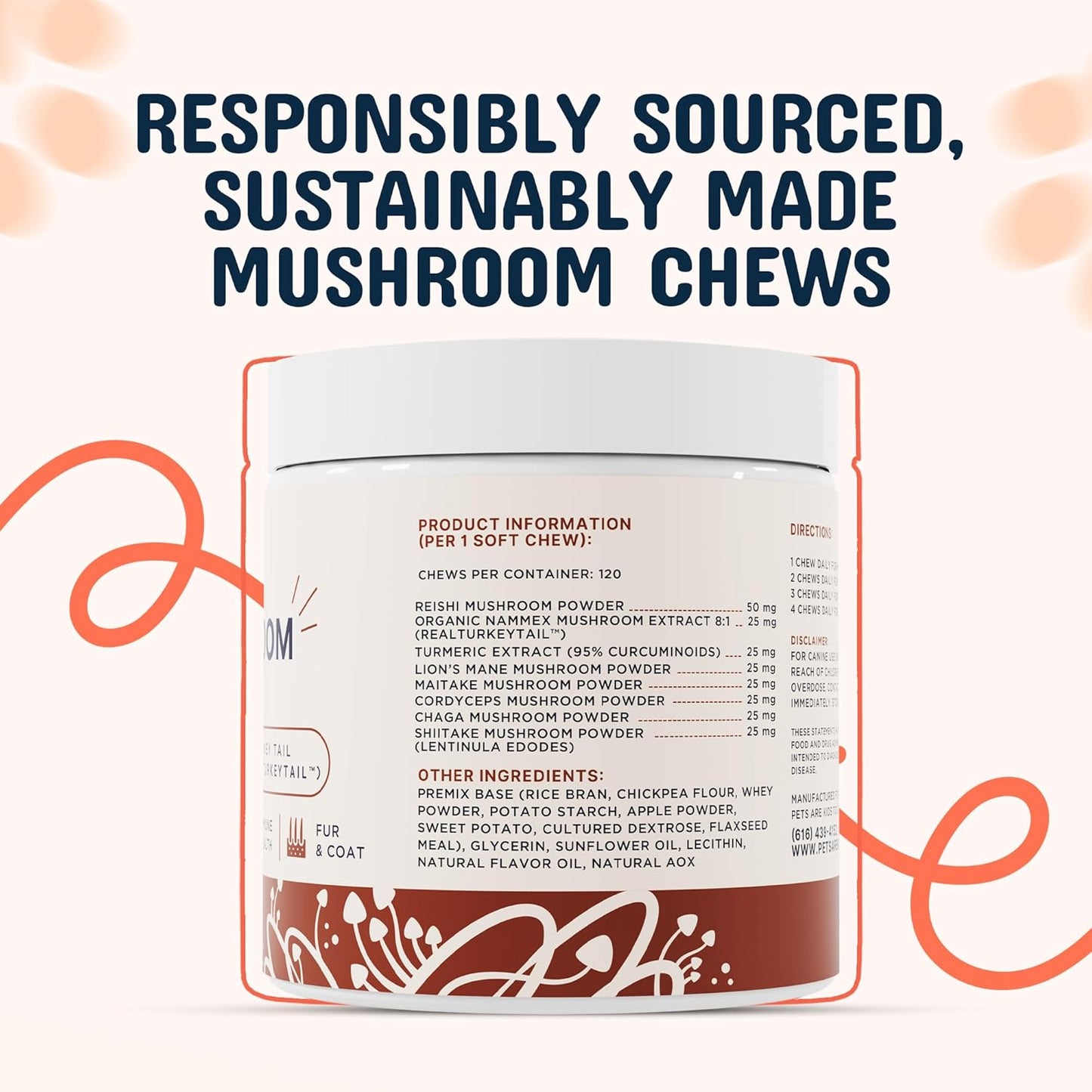 Turkey Tail Mushroom for Dogs with Organic Real Turkey Tail™ - 8:1 Extract Mushroom Chews for Lumps & Bumps, Immunity, Gut, Skin, Joint & Spine Support - Reishi, Lion’S Mane - 120 Soft Chews