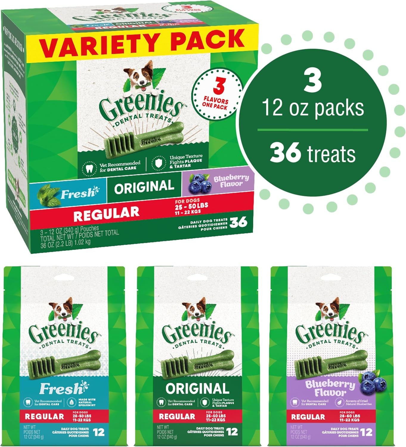 Regular Dental Dog Treats, 3-Flavor Variety Pack, (3) 12 Oz. Pouches, 36 Total Treats