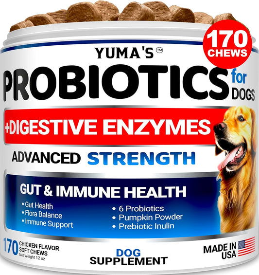 Probiotics for Dogs and Digestive Enzymes - 170 Dog Probiotics Chews - Dog Probiotic - anti Diarrhea, Upset Stomach & Gas Relief, Constipation, Canine Prebiotic - Pet Fiber Supplement - Gut Health