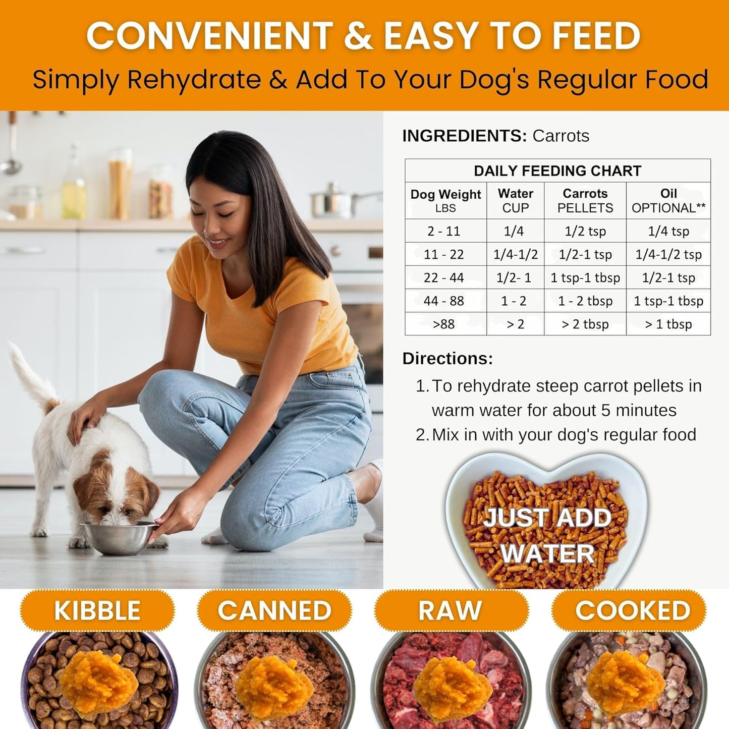 Original Carrots for Dogs – Fiber for Perfect Poop, Dehydrated Dog Food Toppers for Picky Eaters, Natural Skin & Coat Support, Multivitamin, Probiotics for Digestive & Gut Health, 2.2 Lbs