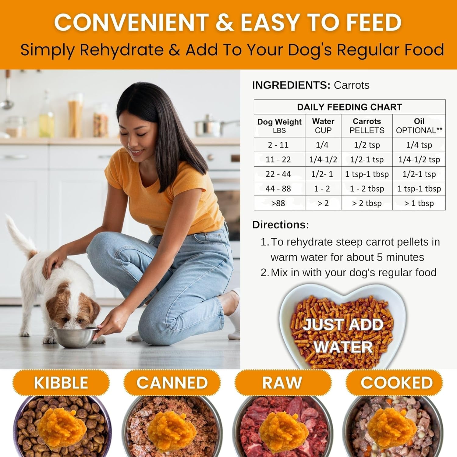 Original Carrots for Dogs – Fiber for Perfect Poop, Dehydrated Dog Food Toppers for Picky Eaters, Natural Skin & Coat Support, Multivitamin, Probiotics for Digestive & Gut Health, 2.2 Lbs