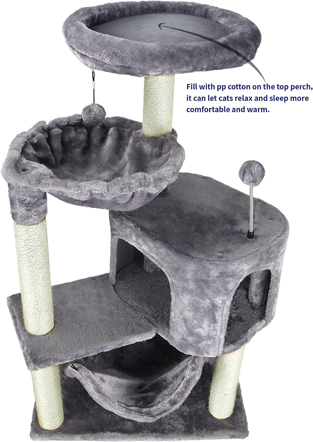 Cat Tree with Cat Condo and Big Hammock, Grey