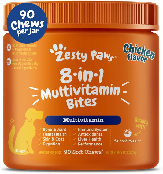 Multivitamin Treats for Dogs - Glucosamine Chondroitin for Joint Support + Digestive Enzymes & Probiotics - Grain Free Dog Vitamin for Skin & Coat + Immune Health - Chicken Flavor - 90Ct