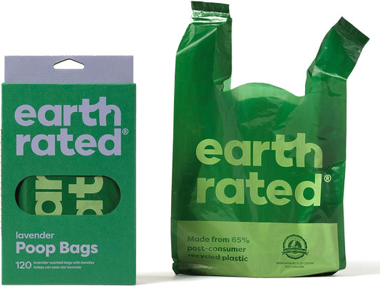 Dog Poop Bags with Handles, Extra Wide, Easy Tie and Guaranteed Leakproof, Lavender Scented, 120 Handle Bags