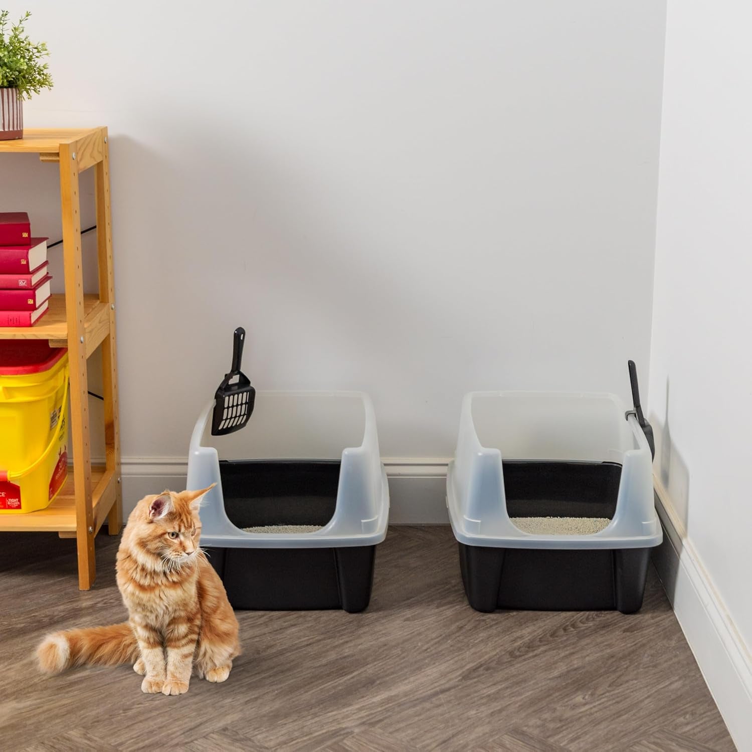 USA 2 Pack Large Cat Litter Boxes with Scatter Shield and Scoop, Open Top High Sided Cat Litter Pan, Black