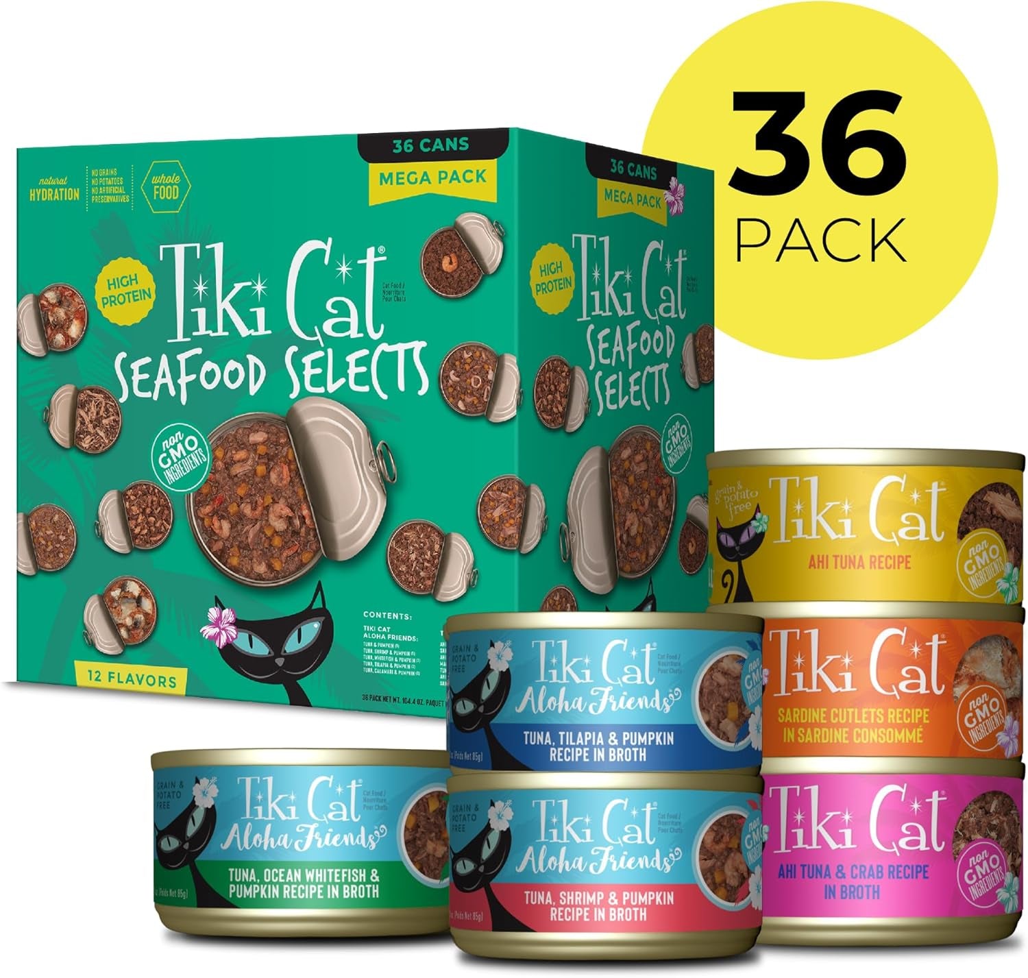 Tiki Cat Seafood Selects, Ultimate Variety Pack, 36 High Protein Servings with Real Flaked Fish, Wet Cat Food Mega Pack, 2.8 and 3 Oz. Cans (Pack of 36)