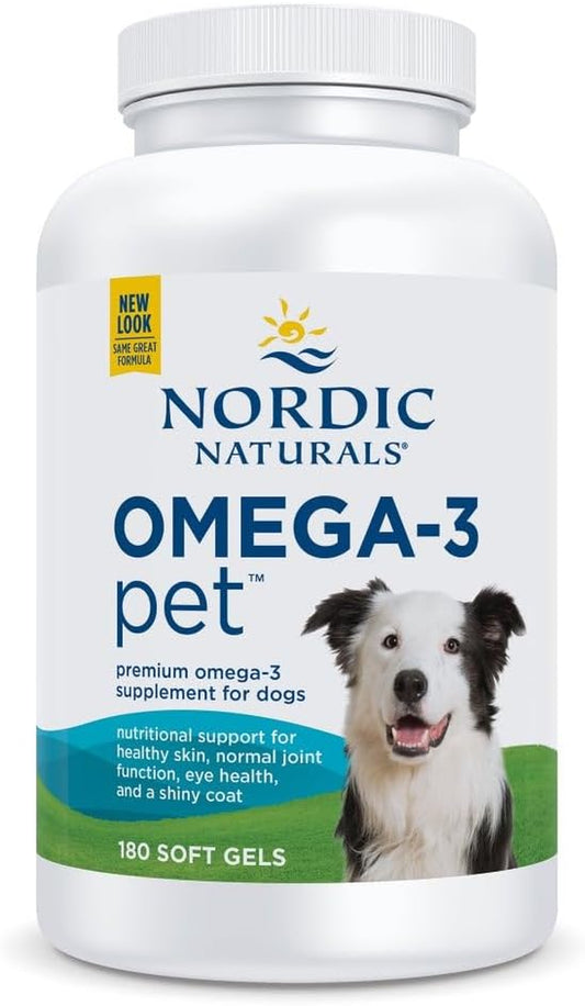 Omega-3 Pet, Unflavored - 180 Soft Gels - 320 Mg Omega-3 per Soft Gel - Fish Oil for Dogs with EPA & DHA - Promotes Heart, Skin, Coat, & Immune Health