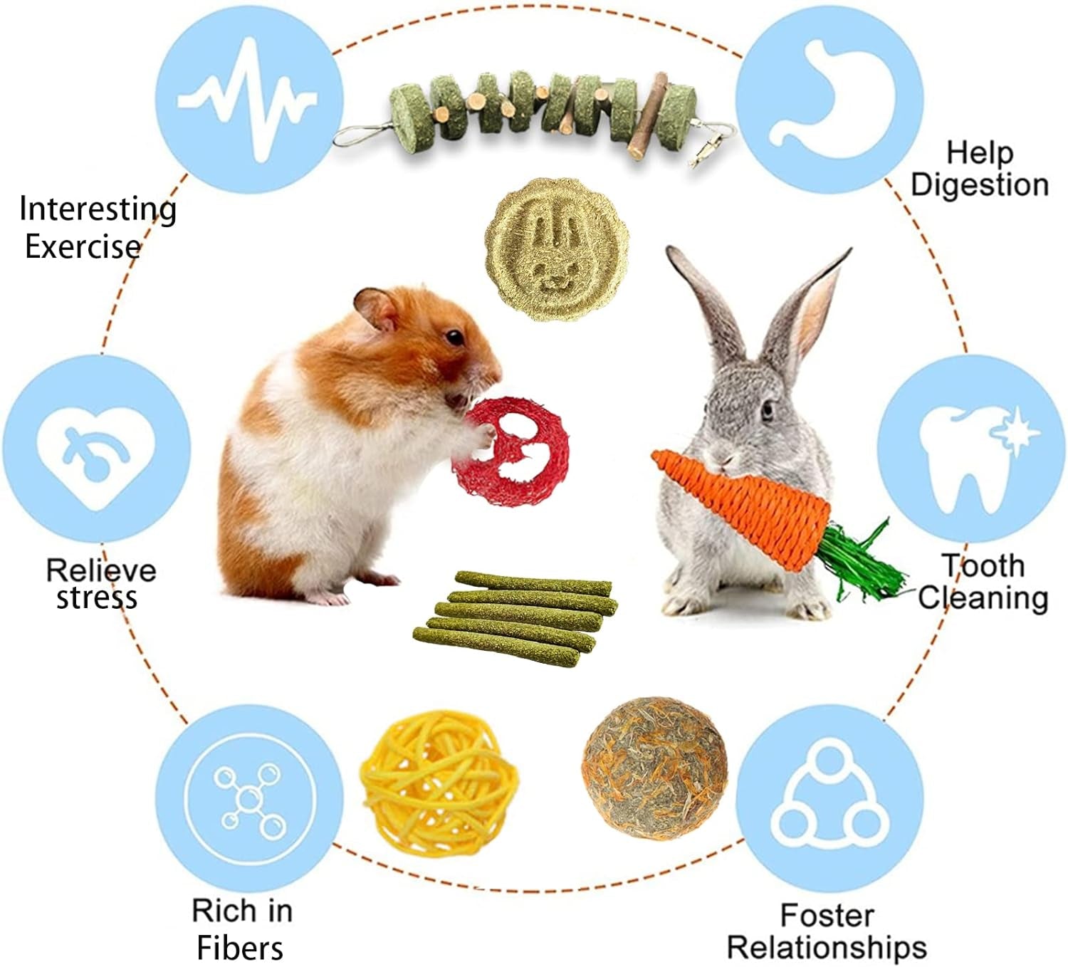 20 PCS Bunny Chew Toys for Teeth, Natural Rabbit Toys Apple Wood Grass Timothy Sticks Chew and Treat for Guinea Pigs Hamster Chinchillas