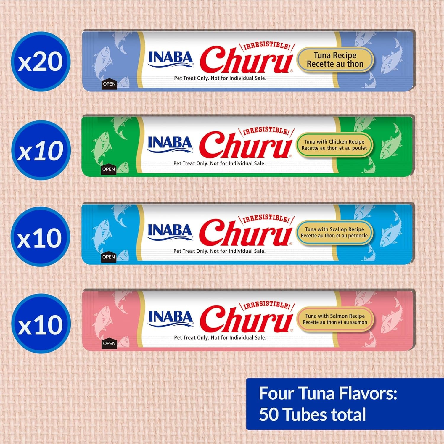 Churu Cat Treats, Grain-Free, Lickable, Squeezable Creamy Purée Cat Treat/Topper with Vitamin E & Taurine, 0.5 Ounces Each Tube, 50 Tubes, Tuna Variety