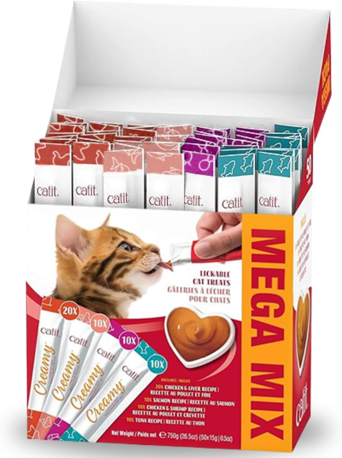 Creamy Lickable Cat Treat – Healthy Variety of Flavors, 50 Pack, Hand-Feed or Serve, Nutrient-Rich Squeeze Tube, 0.5 Oz Each
