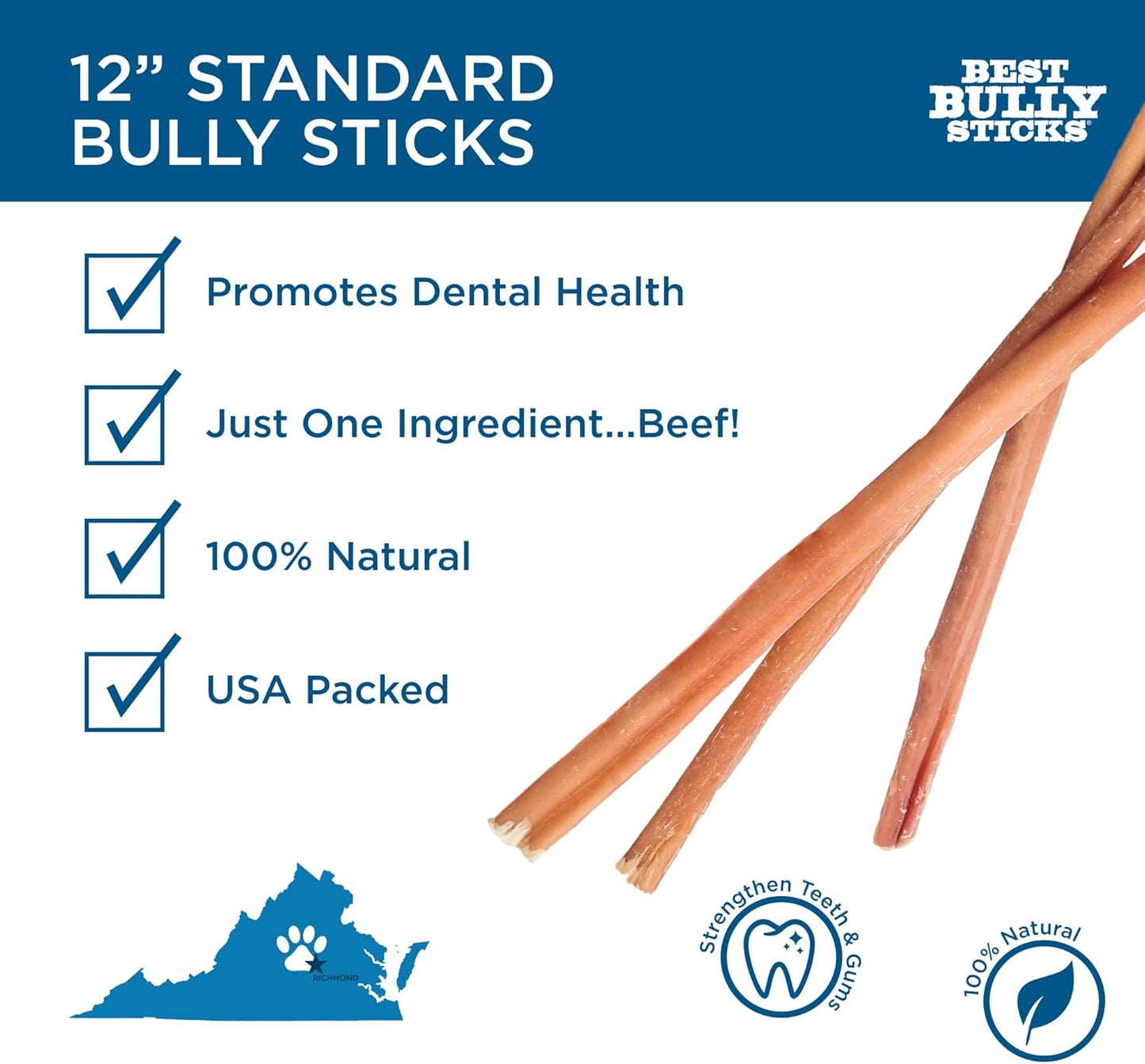 12 Inch Bully Sticks - 8 Oz (Pack of 1) - Natural Grass-Fed, Grain and Rawhide Free, Perfect for Medium or Large Canines