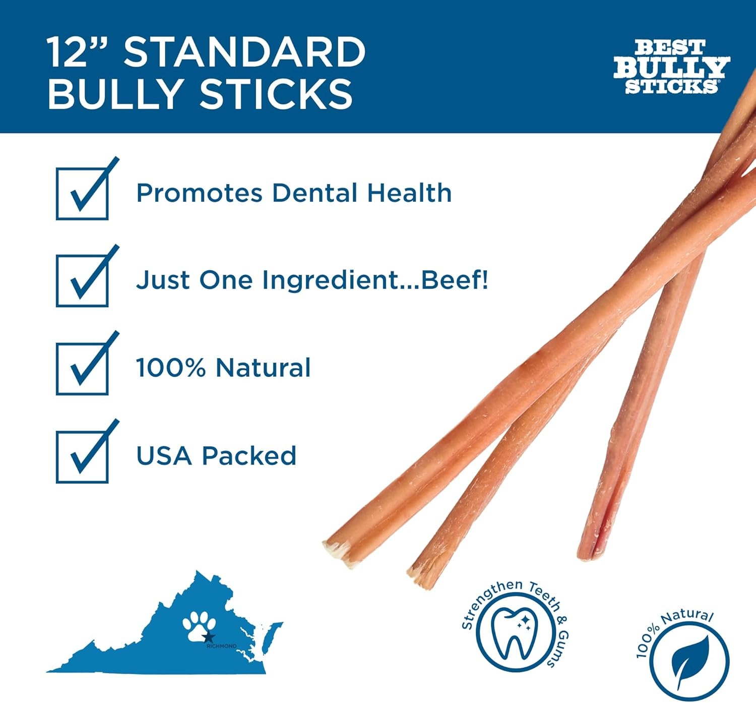 12 Inch Bully Sticks - 8 Oz (Pack of 1) - Natural Grass-Fed, Grain and Rawhide Free, Perfect for Medium or Large Canines
