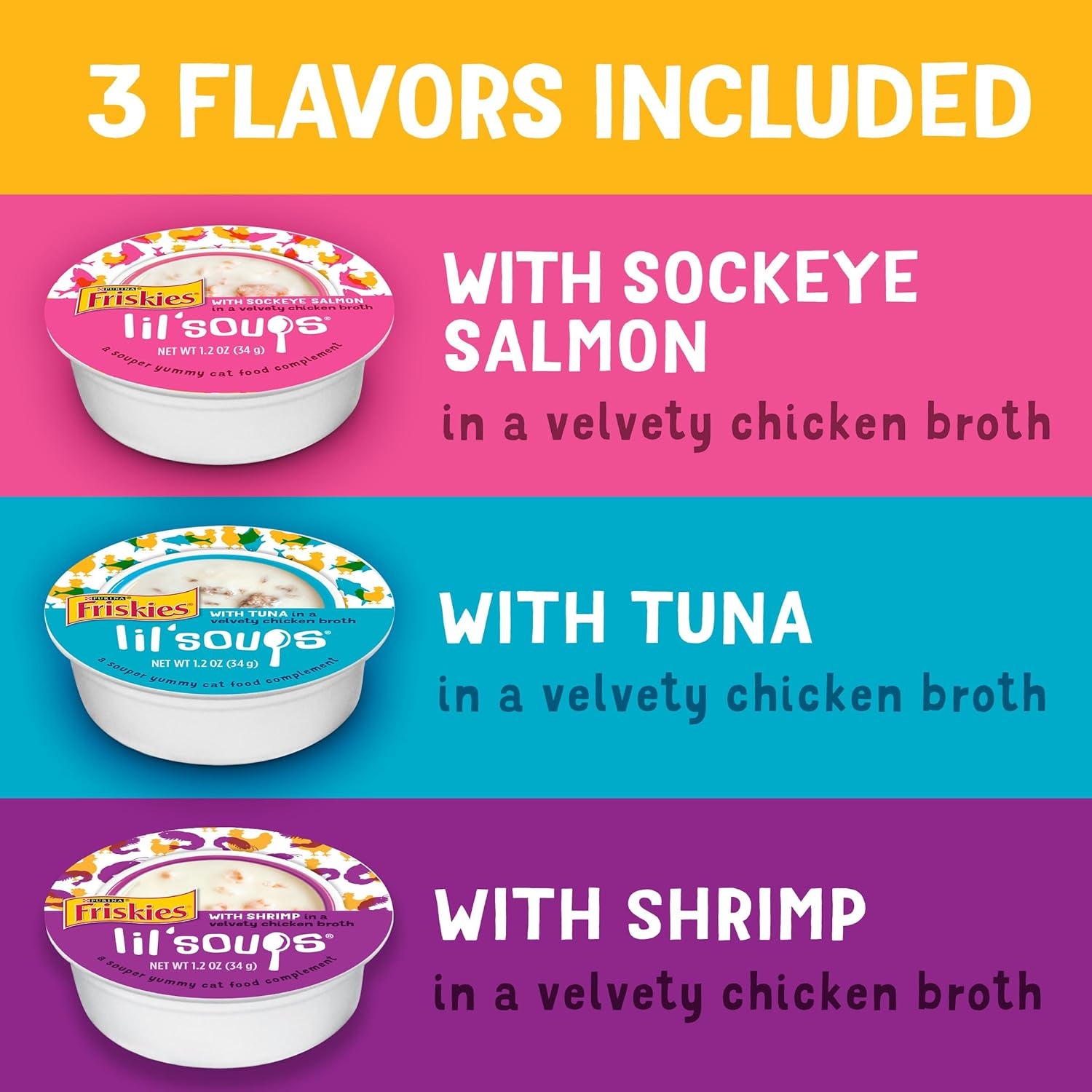 Purina  Grain Free Wet Cat Food Lickable Cat Treats Variety Pack, Lil' Soups with Salmon, Tuna or Shrimp - (Pack of 30) 1.2 Oz. Cups