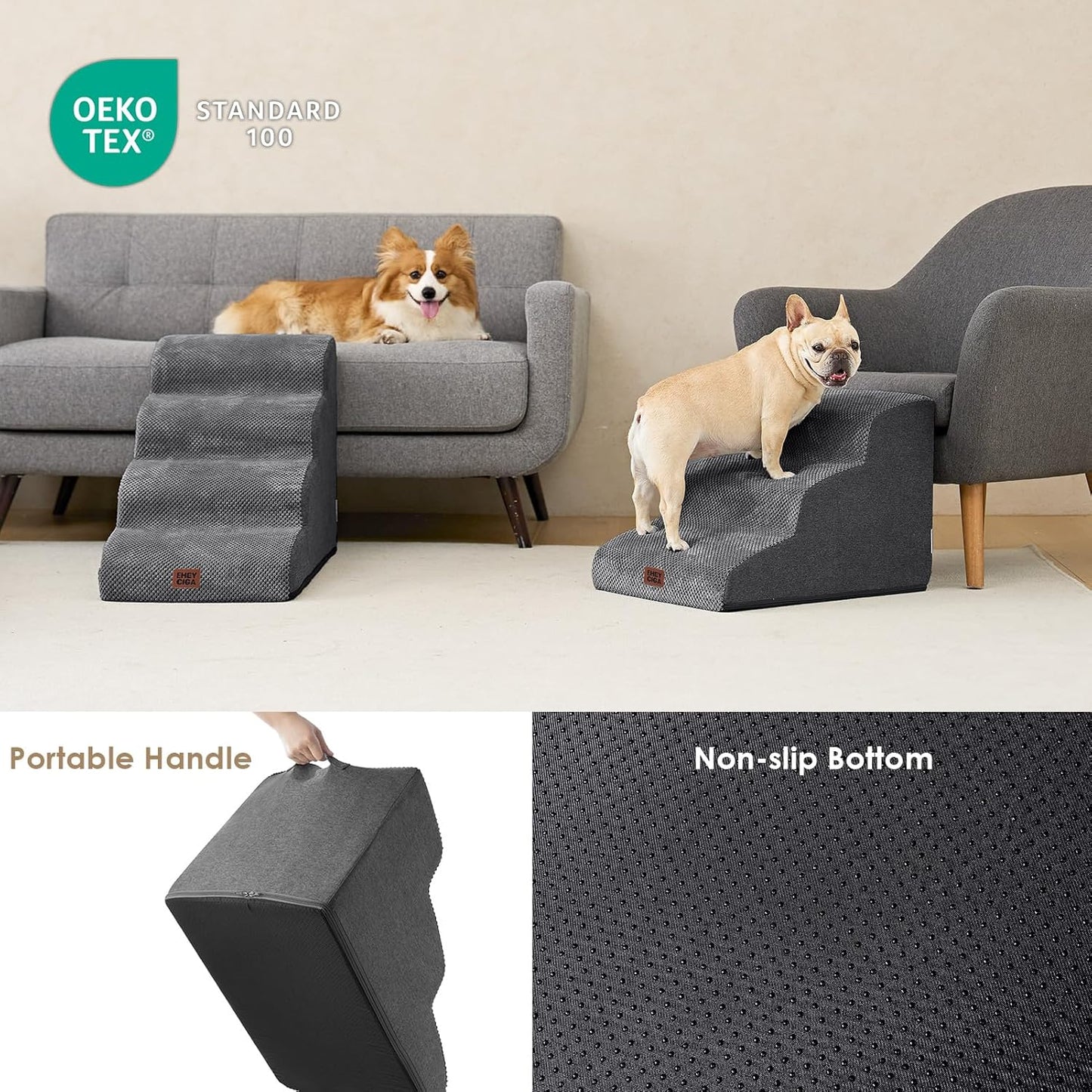 Curved Dog Stairs Ramp for Small Dogs 15.7" H, 3-Step Dog Steps for Couch Sofa and Chair, Pet Stairs for Cats, Non-Slip Balanced Pet Steps Indoor, Grey