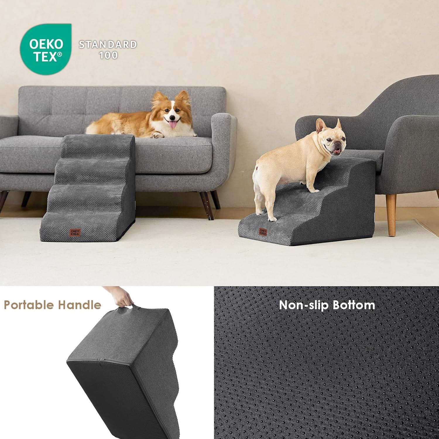 Curved Dog Stairs Ramp for Small Dogs 15.7" H, 3-Step Dog Steps for Couch Sofa and Chair, Pet Stairs for Cats, Non-Slip Balanced Pet Steps Indoor, Grey