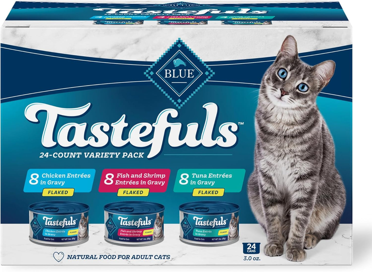 Tastefuls Natural Flaked Wet Cat Food Variety Pack, Tuna, Chicken and Fish & Shrimp Entrées in Gravy 3-Oz Cans (24 Count)