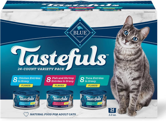 Tastefuls Natural Flaked Wet Cat Food Variety Pack, Tuna, Chicken and Fish & Shrimp Entrées in Gravy 3-Oz Cans (24 Count)