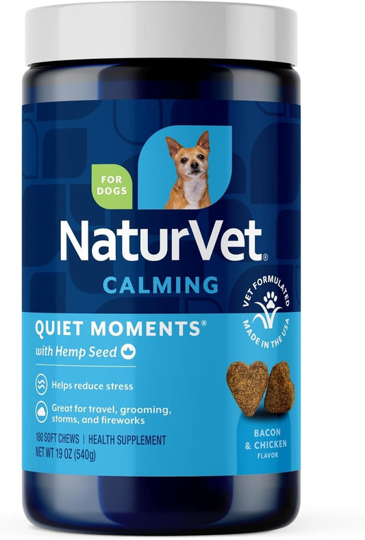 Quiet Moments Calming Aid Dog Supplement, Helps Promote Relaxation, Reduce Stress, Storm Anxiety, Motion Sickness for Dogs (Quiet Moments plus Hemp, 180 Soft Chews)