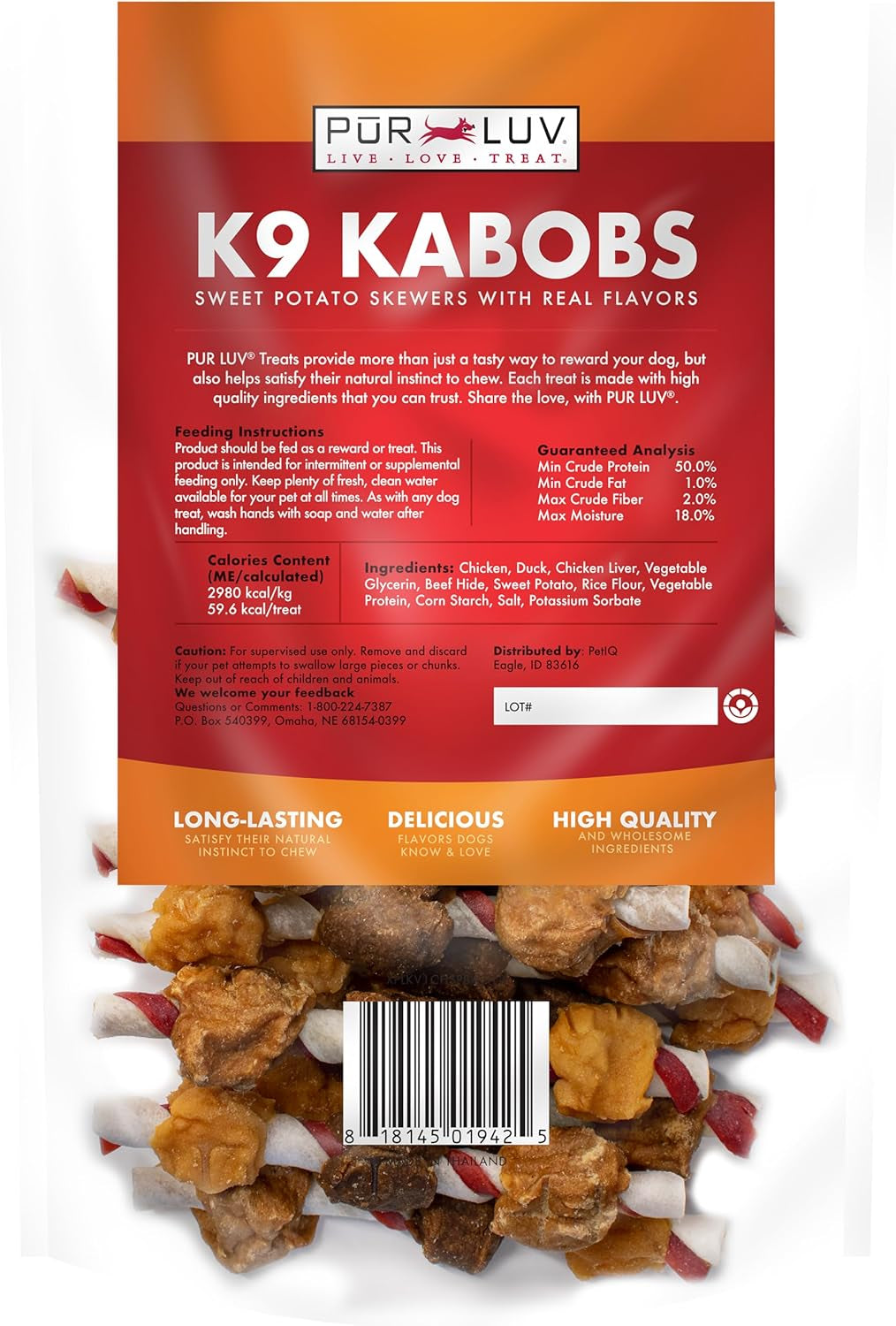 Dog Treats, K9 Kabobs for Dogs Made with Real Chicken, Duck, and Sweet Potato, 12 Ounces, Healthy, Easily Digestible, Long-Lasting, High Protein Dog Treat, Satisfies Dog'S Urge to Chew