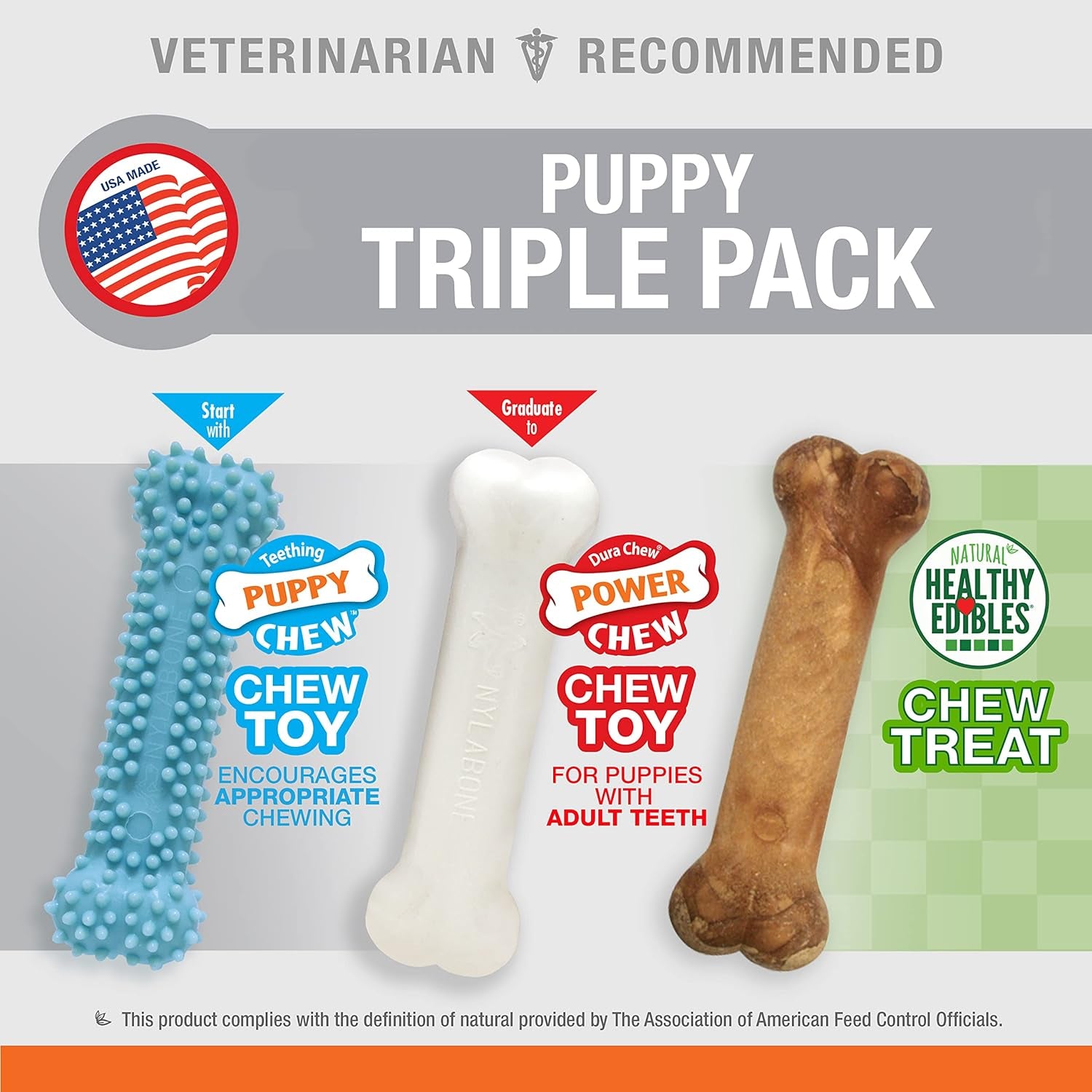 Puppy Chew Toys & Natural Treat Triple Pack, Puppy Enrichment Teething Toys, Blue, Chicken & Bacon Flavor, Small Dogs - up to 25 Ibs, 3 Pack
