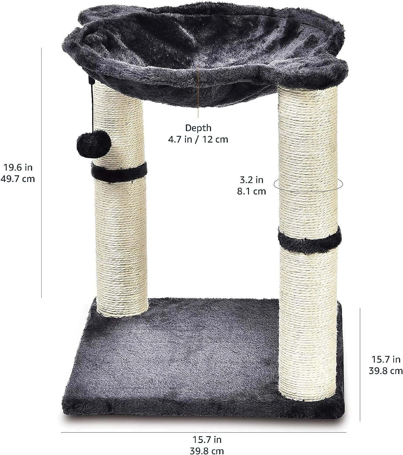 Cat Condo Tower with Hammock Bed and Scratching Post,Easy to Assemble,Plush Hammock,Interactive Hanging Ball, Durable Sisal Scratch Posts for Indoor Cats, 15.8 X 15.8 X 19.7 Inches, Gray