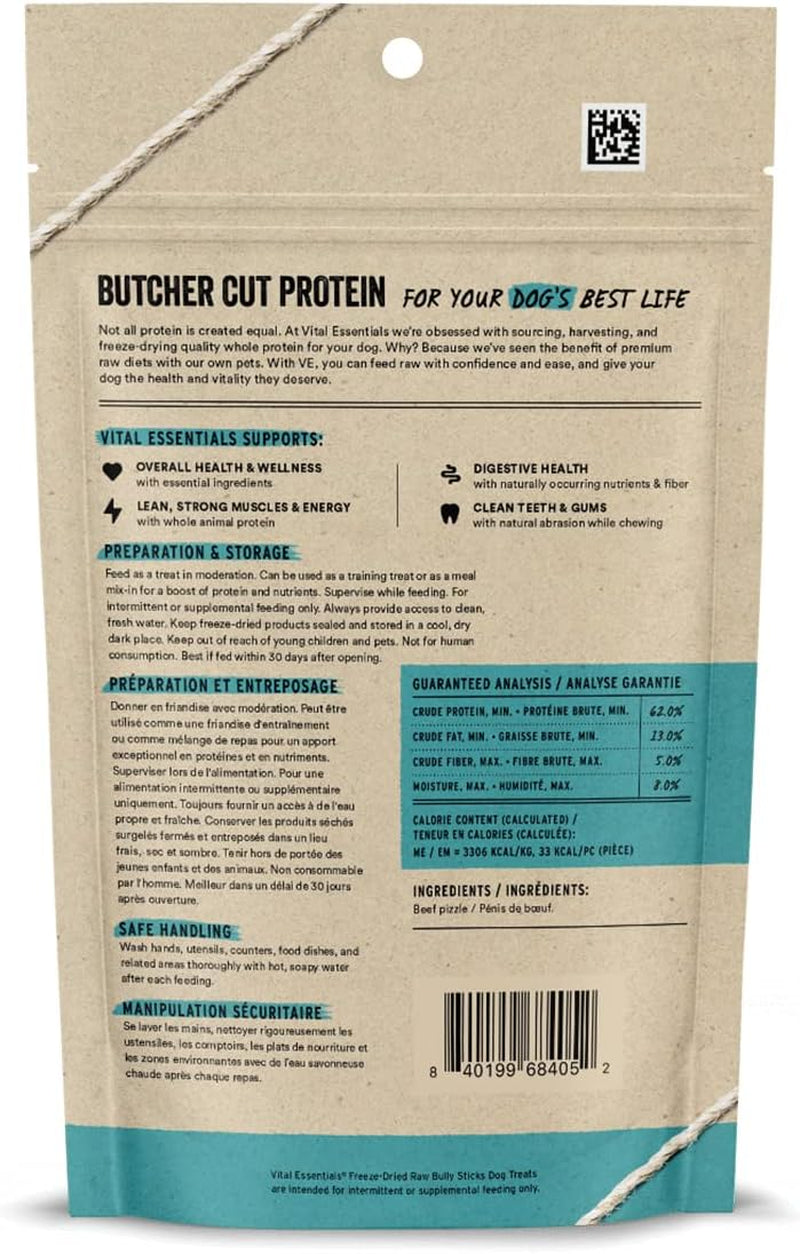 Bully Sticks Dog Treats, 1.4 Oz | Freeze-Dried Raw | Single Ingredient | Premium Quality High Protein Training Treats | Grain Free, Gluten Free, Filler Free