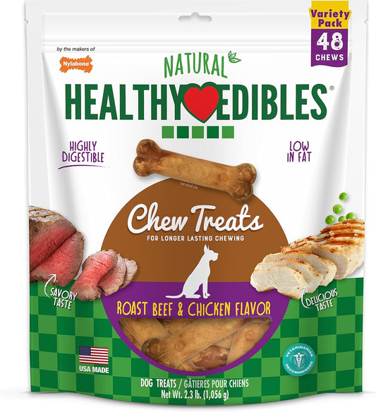 Healthy Edibles Natural Dog Chews Long Lasting Chew Treats for Dogs, Roast Beef & Chicken Flavor, X-Small/Petite (48 Count)