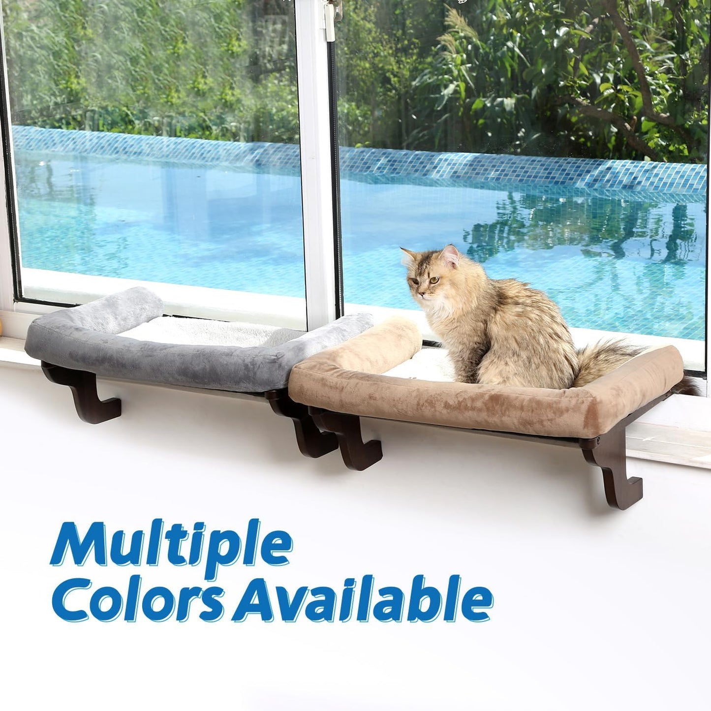 Cat Perch for Window Sill with Bolster - Orthopedic Hammock Design with Premium Hardwood & Robust Metal Frame - Cat Window Seat for Large Cats and Kittens - Dark Stained Wood Gray Bed, 24''W