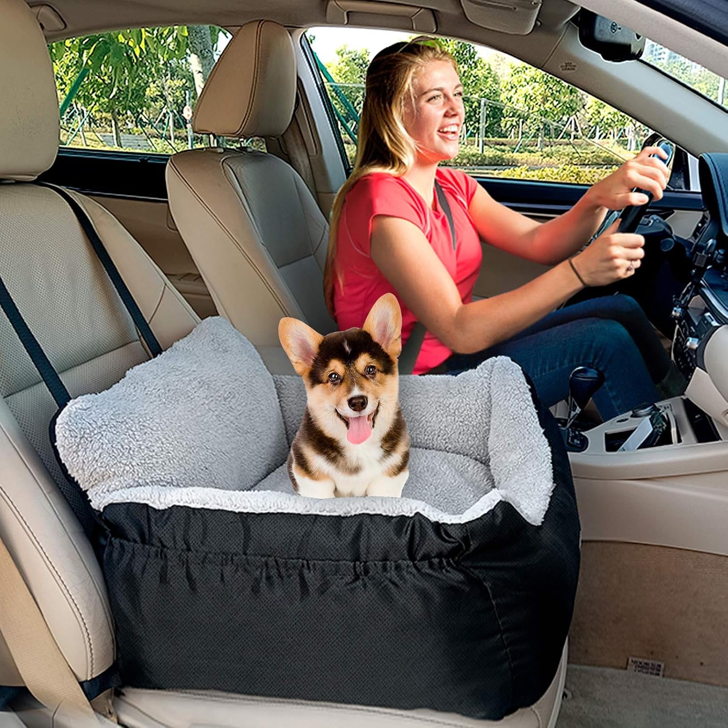 Dog Car Seat for Small Dogs, Soft Pet Car Travel Home Bed under 25 Lbs, Fully Detachable and Washable Cat Booster Carseats with Storage Pockets and Clip-On Leash Portable Carrier,Black