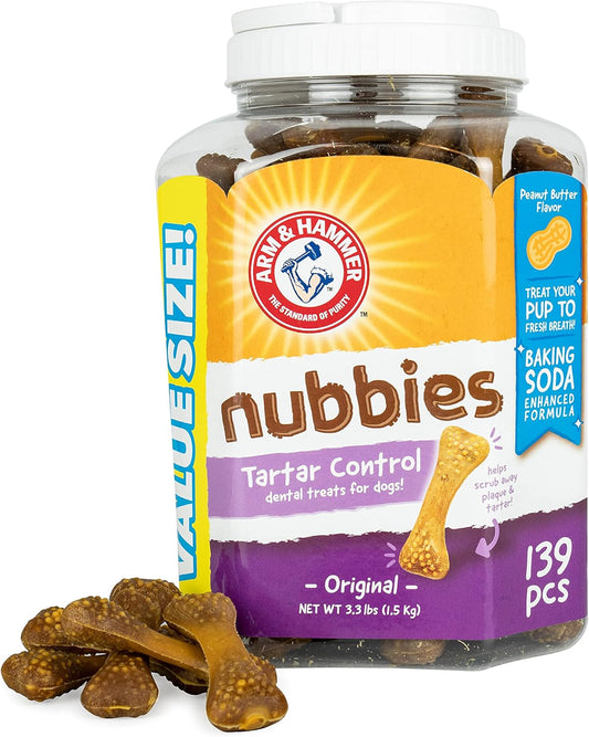 for Pets Nubbies Dental Treats for Dogs with Baking Soda and Calcium, Treat Chews Help Fight Bad Breath, Plaque & Tartar, Peanut Butter, Value Bucket, 139 Pcs (Packaging May Vary)