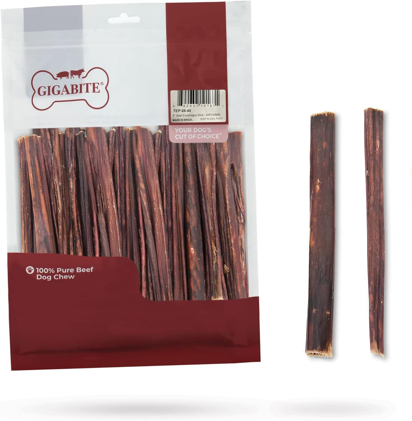 Gigabite Single Ingredient All Natural Free Range Bully Treats and Chews - Bully Sticks/Bladder Sticks/Beef Esophagus by  - Esophagus Sticks (6 Inch), Pack of 40