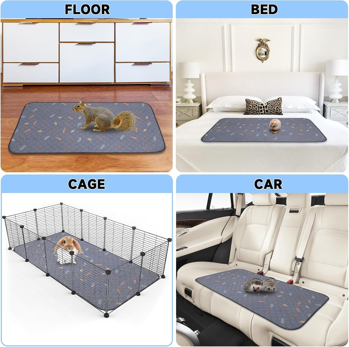 2 Pack Washable Guinea Pig Pee Pads, 24" X 48" Waterproof Reusable Guinea Pig Cage Liners, Absorbent Bedding Training Mat for Small Animal Guinea Pigs Rabbit Bunny Hamster (Leaves - Deep Grey)