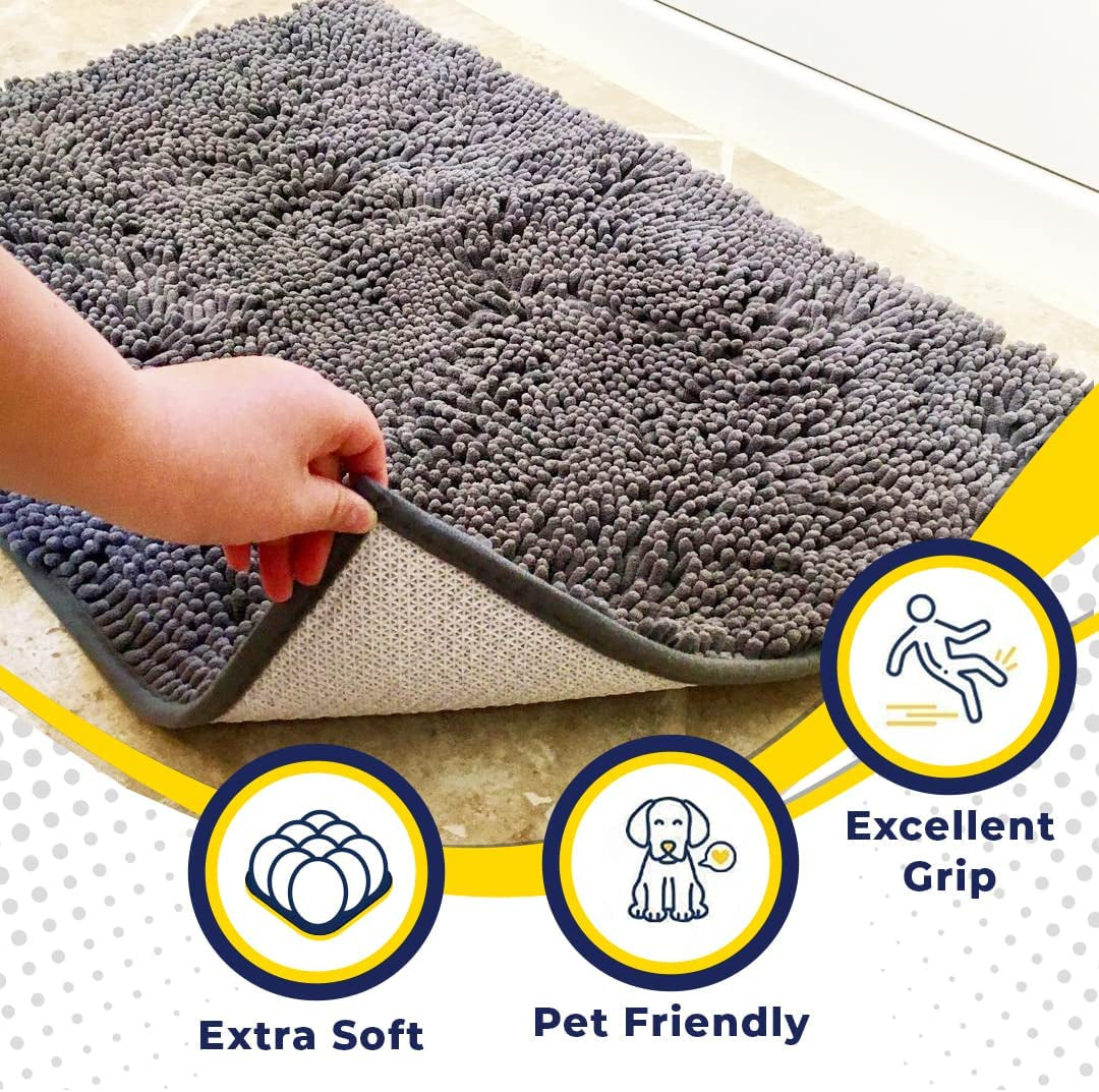 ® Shown on TV – Super Absorbent Microfiber Dog Door Mat for Muddy Paws, Non-Slip Washable Pet Rug, Quick Dry Chenille Entryway Carpet, Machine Washable Indoor Outdoor Mat, Grey 60"X24"