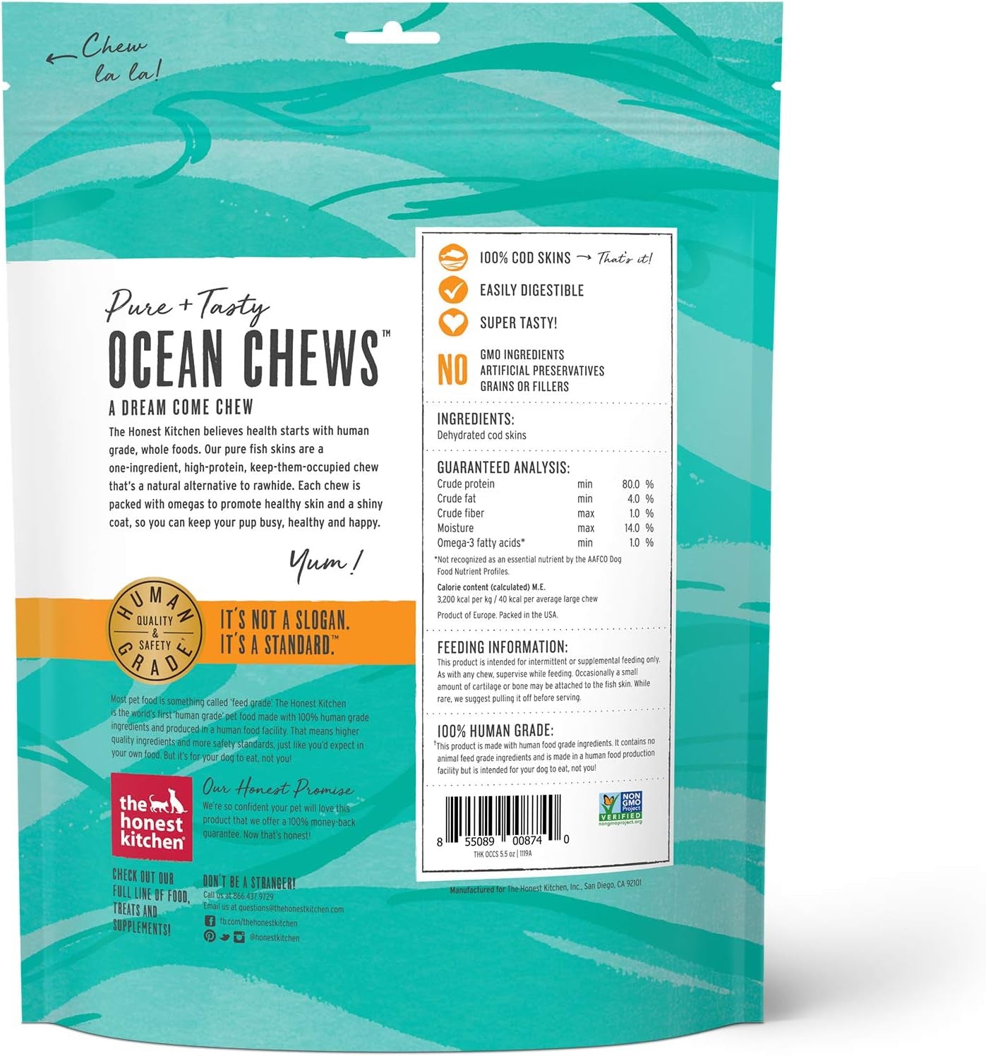 Human Grade Ocean Chews Crispy Cod Fish Skins Dog Treats, 5.5 Ounces