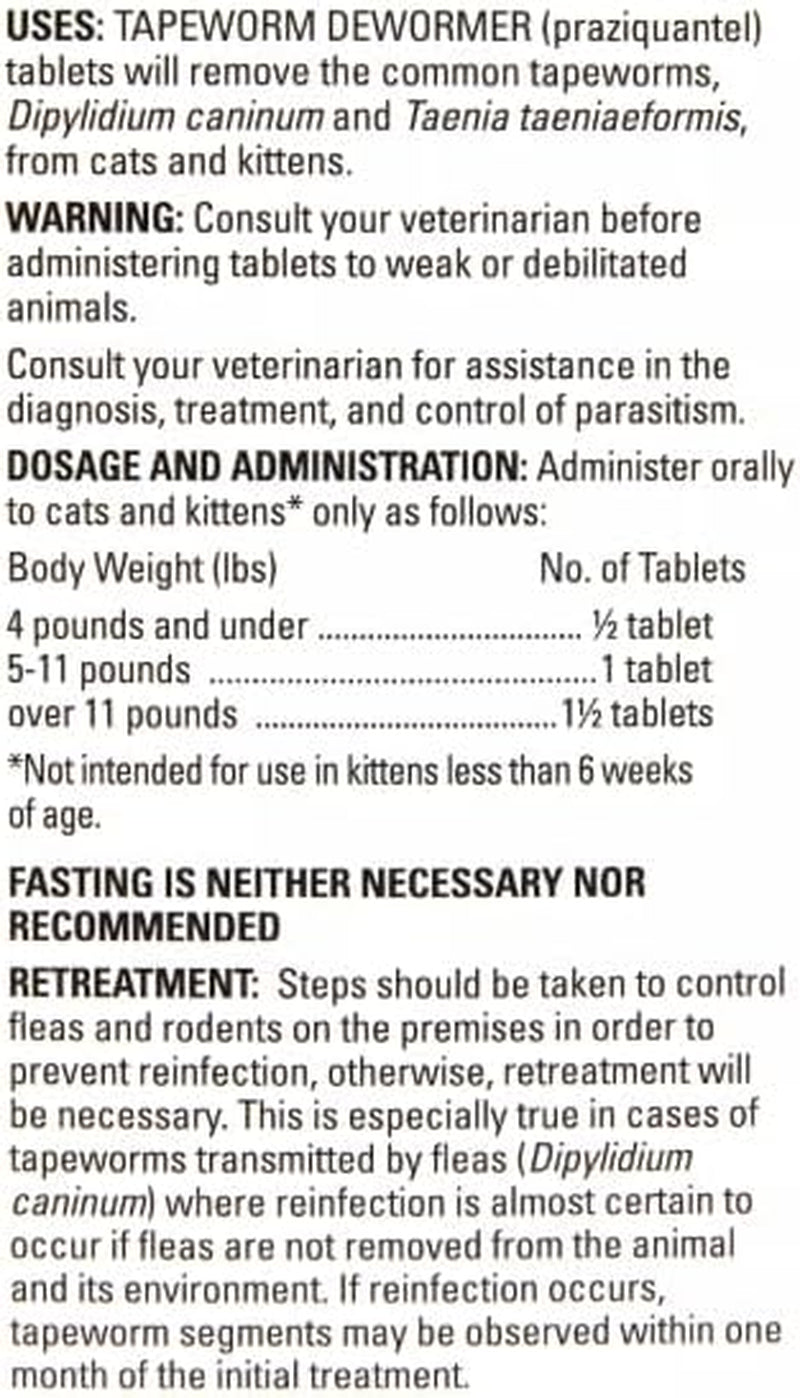 Tapeworm Dewormer (Praziquantel Tablets) for Cats and Kittens 6 Weeks and Older, 3-Count