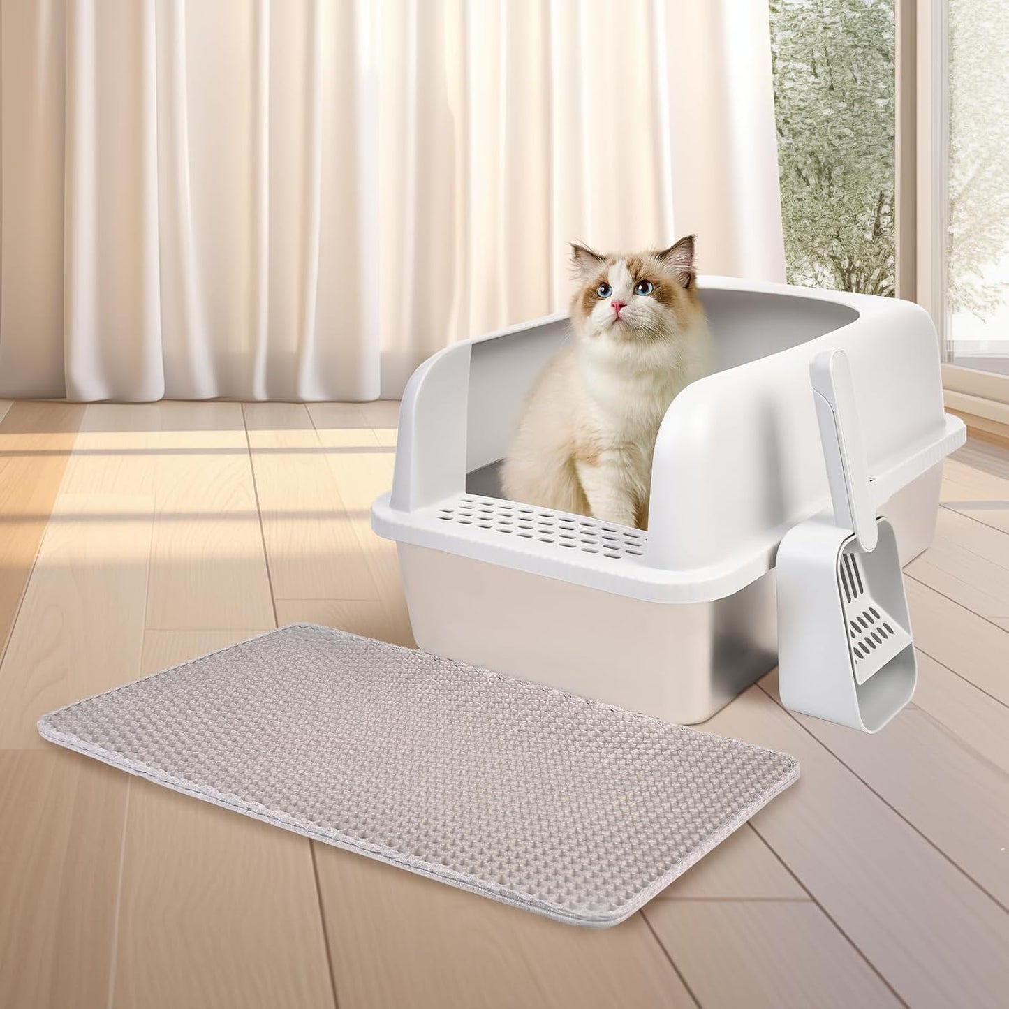 Stainless Steel Cat Litter Box with Lid, 20" L X 14.2" W X 11.8" H, Extra Large Litter Box for Big Cats with High Sided, Anti-Urine Leakage, Easy Cleaning, Include Cat Mat and Scoop