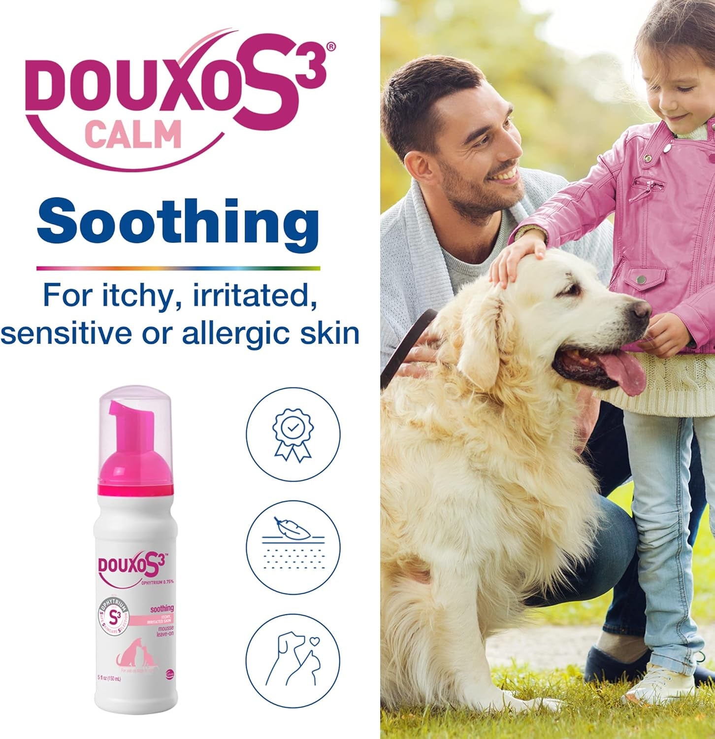 S3 Calm Mousse, Contains 0.75% Ophytrium, Soothing, for Itchy, Irritated or Allergic Skin, for Dogs and Cats, 5.1 Fl. Oz. (150Ml)