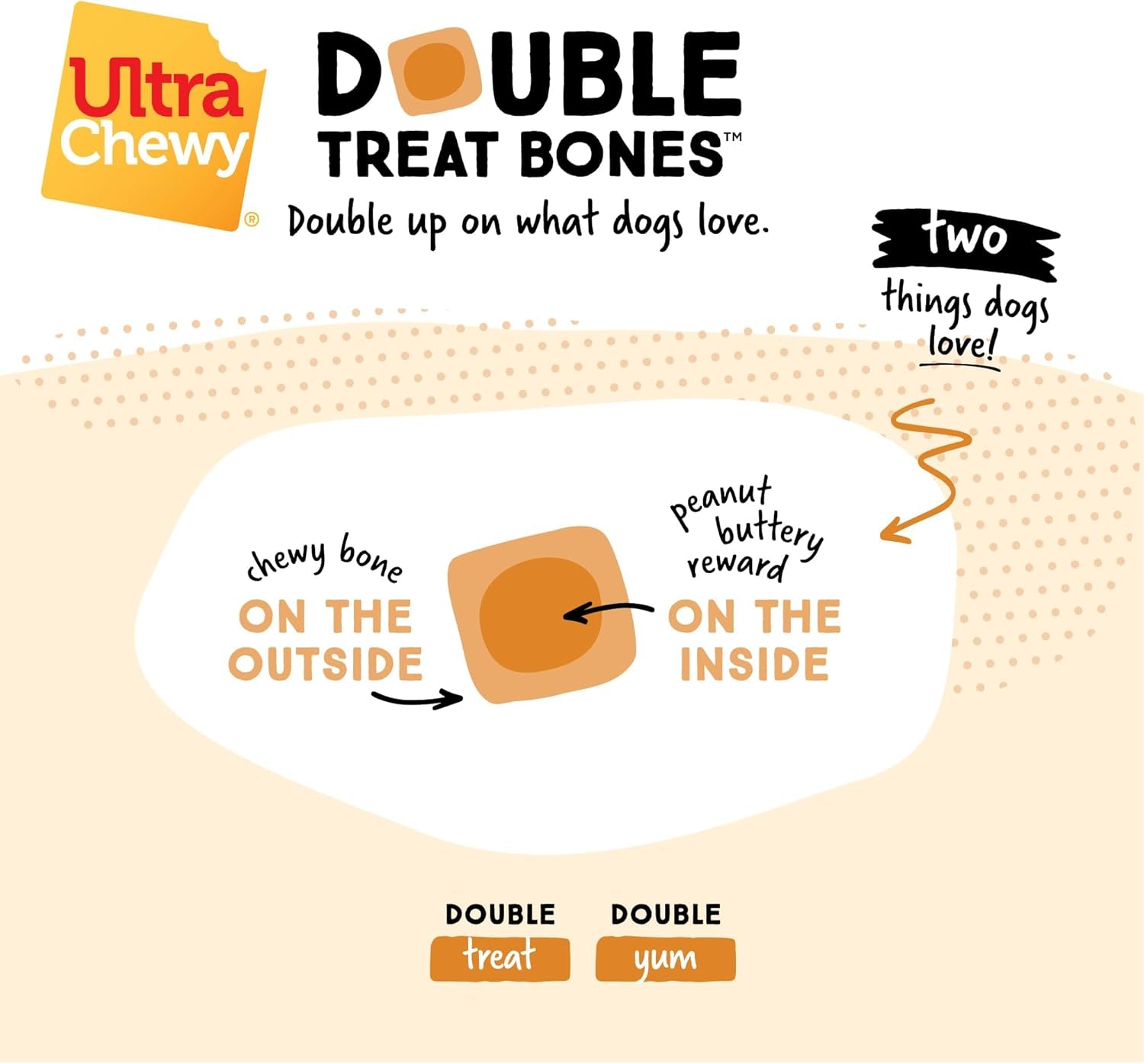 Peanut Butter Double Treat Bones: Long-Lasting Dog Treats Made in USA for Large and Small Breeds, Highly Digestible, Ideal for Aggressive Chewers (24 Count)