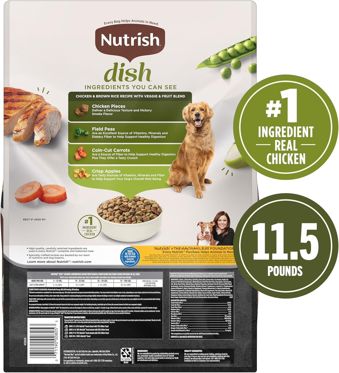 Dish Chicken & Brown Rice Recipe with Veggie & Fruit Blend Dry Dog Food, 11.5 Lb. Bag, Packaging May Vary (Rachael Ray)