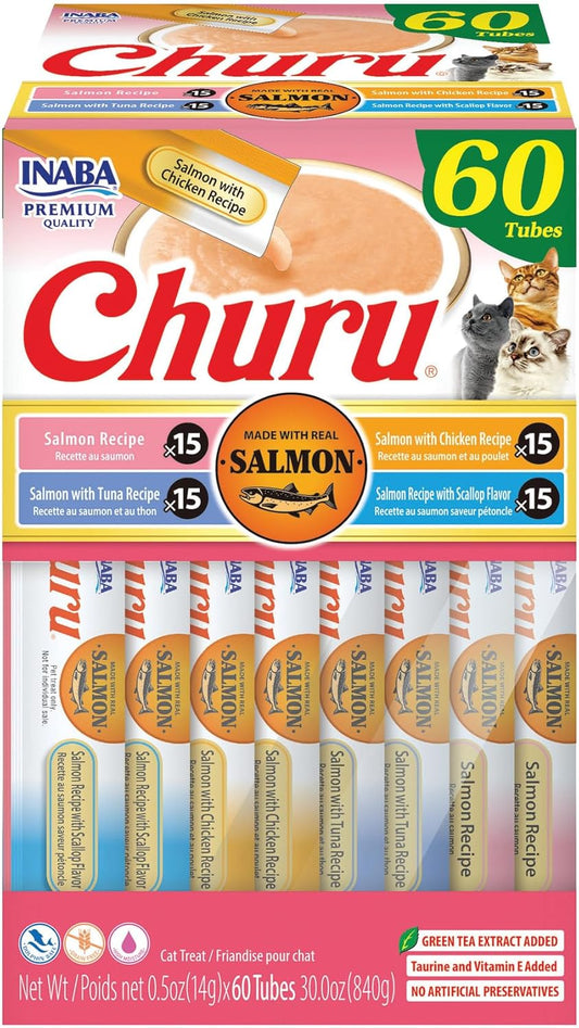 Salmon Churu Cat Treats, Lickable, Squeezable Creamy Purée Cat Treat with Green Tea Extract & Taurine, 0.5 Ounces Each Tube, 60 Tubes, Salmon Variety Box